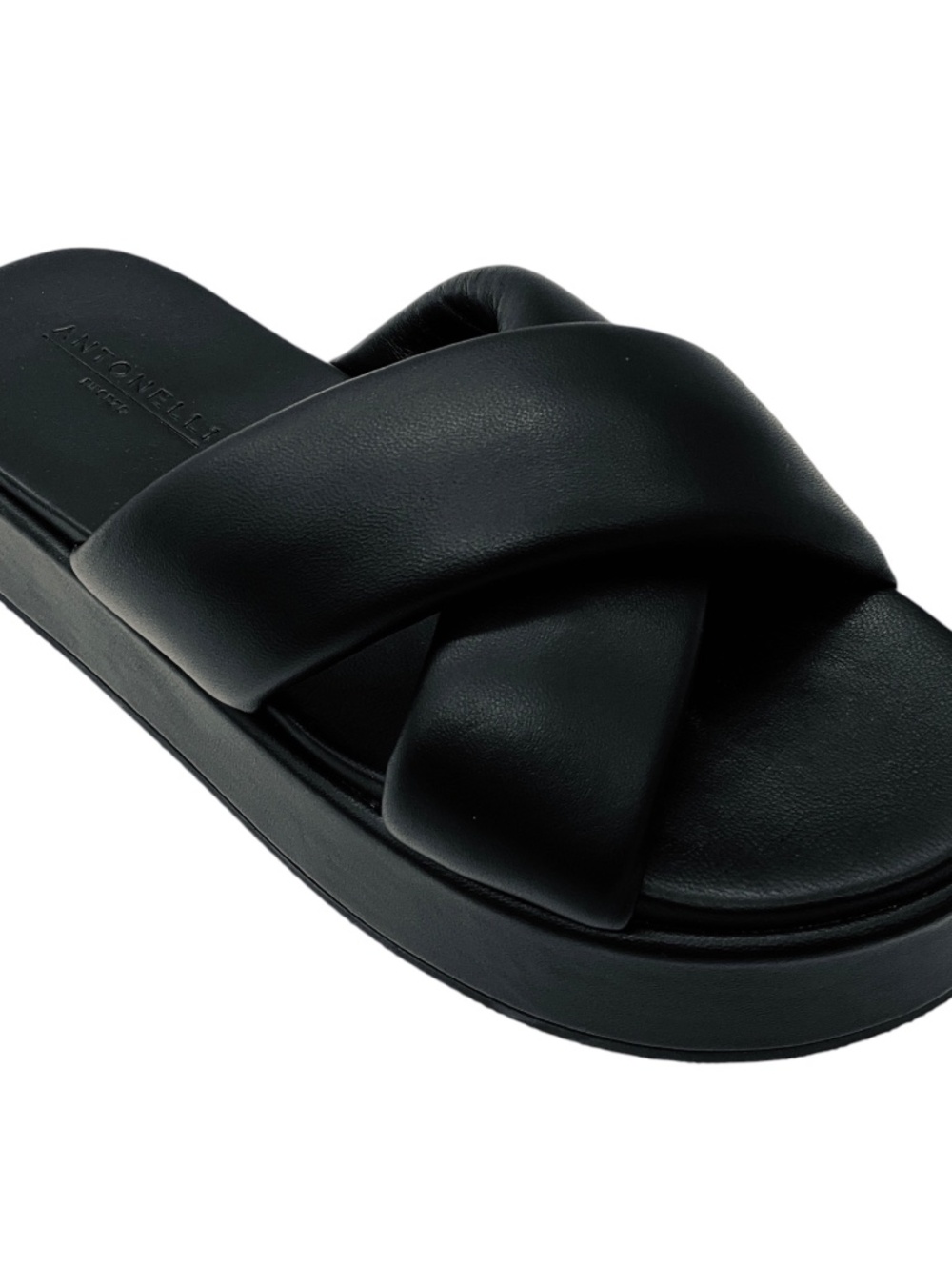 ANTONELLI FIRENZE BLACK LAMBSKIN LEATHER CROSS STRAP PLATFORM SLIDE SANDALS